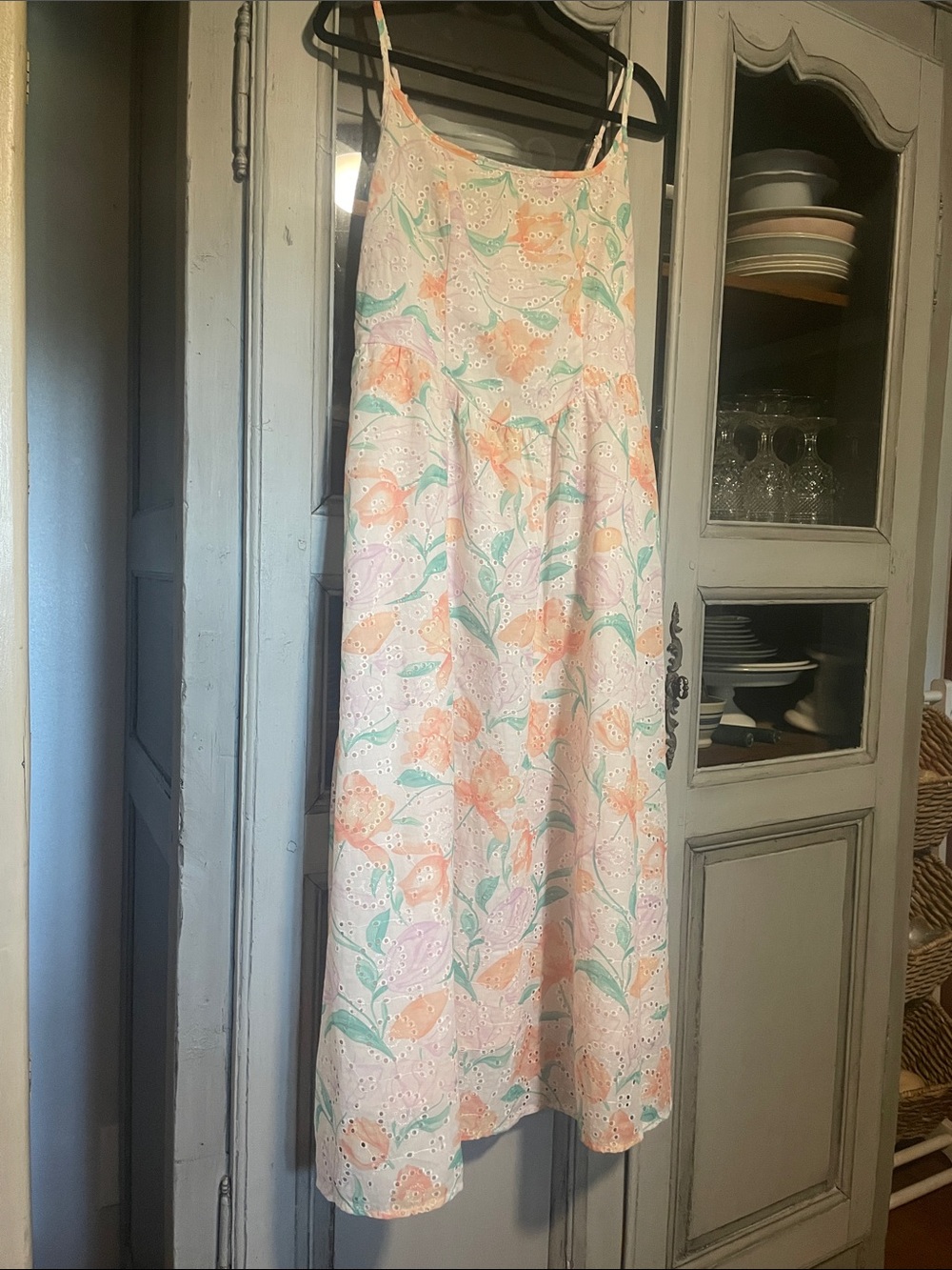 Floral Eyelet Maxi Dress in Cream with Peach & Mint Accents